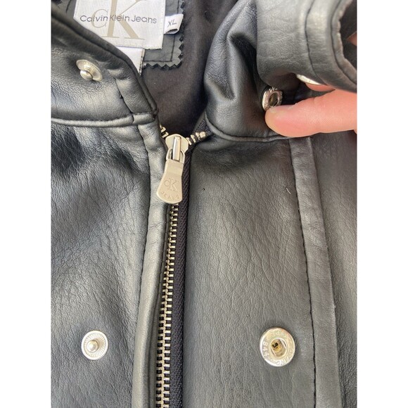 Calvin Klein Jeans Faux Leather Coat XL Black Jacket Hooded Mid Length Matrix - Picture 9 of 16